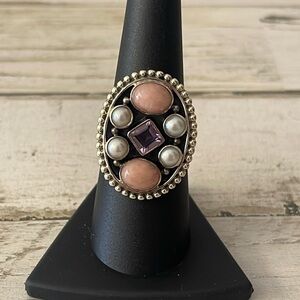 Beautiful Nicky Butler Silver, Pink Moonstone, Pearl,Amethyst Statement Ring.